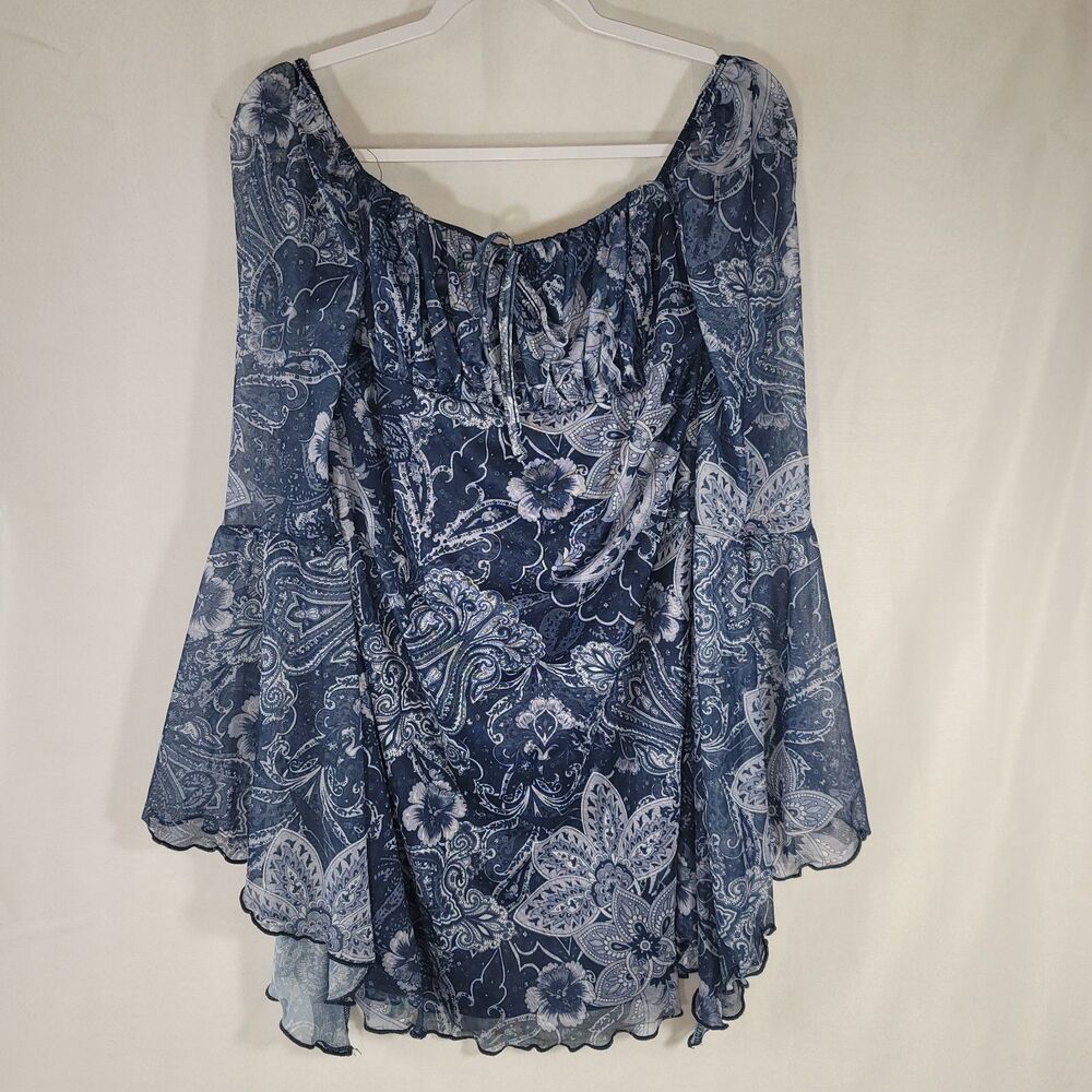 Curve Plus Size 1XL Blue Paisley Print Bell Sleeve Mini Dress Boho Cottagecore